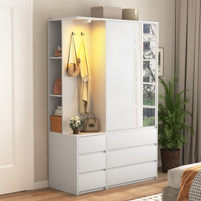 Wardrobe Closet, Bedroom Wooden Wardrobe With 3 Doors, 2 Drawers, Storage Cabinet With Storage Shelves And Hanging Rail