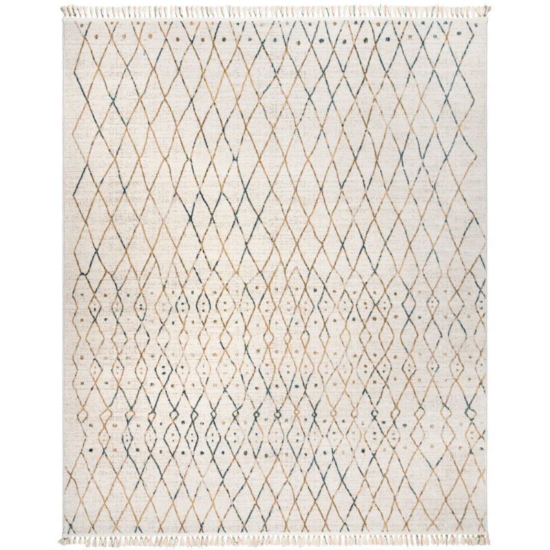 Amiens Faiz Ivory Multi-Colored Bohemian Moroccan Easy Care Indoor Area Rug with Short Fringe, Rectangle 5'3" x 7'