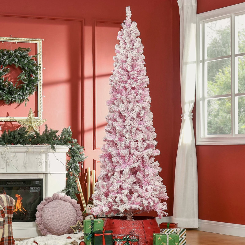 Arbre de Noël artificiel enneigé 7,5 pi de hauteur avec pin en forme de pin et branches réalistes, rose