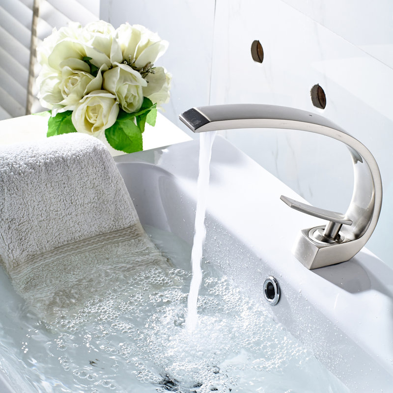 Brushed Nickel Bathroom Basin Tap - Single Hole Geometric Shape Faucet With Side Modern And Ceramic Filler Cartridge Valve Manual Operation Handle Deck-Mounted Stylish