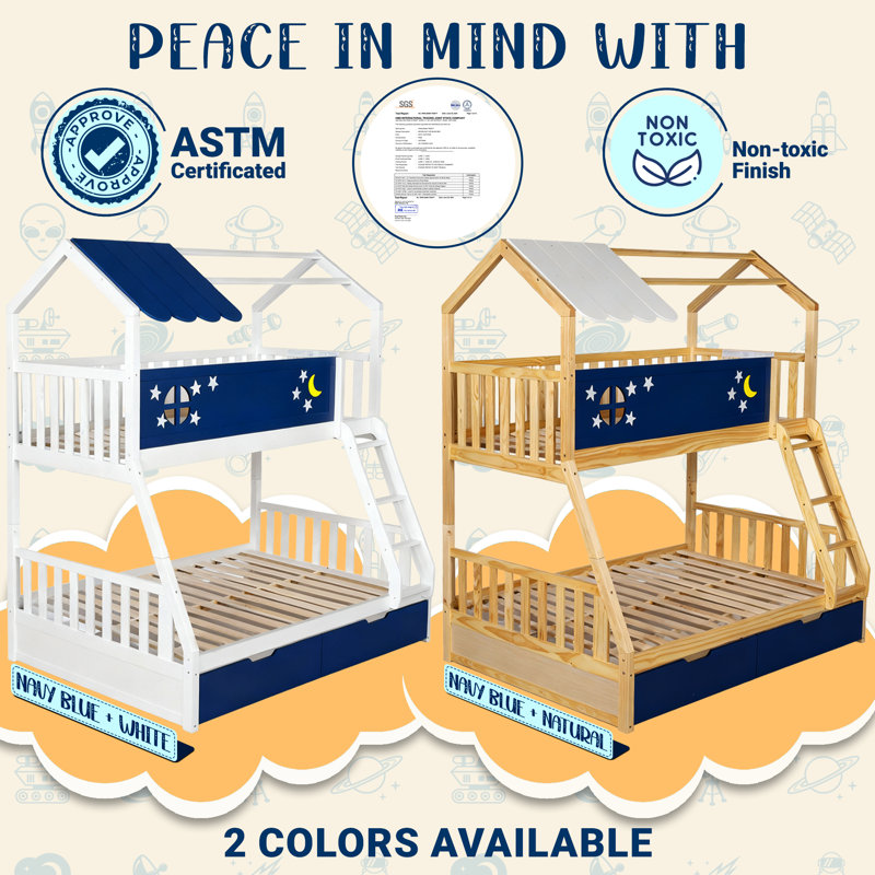 Arozu Twin Over Full Bunk Bed, Wooden Kids Bed with Night Sky Shaped with Guard Rail and Ladder, Pine Wood 2 Storage Drawers, Extra Stickers Gifted, Safety, Non Toxic, Navy Blue & Natural.