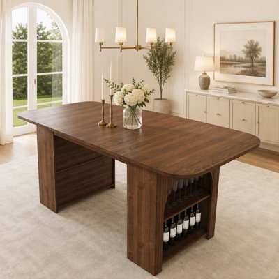 Mid-Century Dining Table with Drawers, Open Storage, and MDF Walnut Finish for 4-6 People
