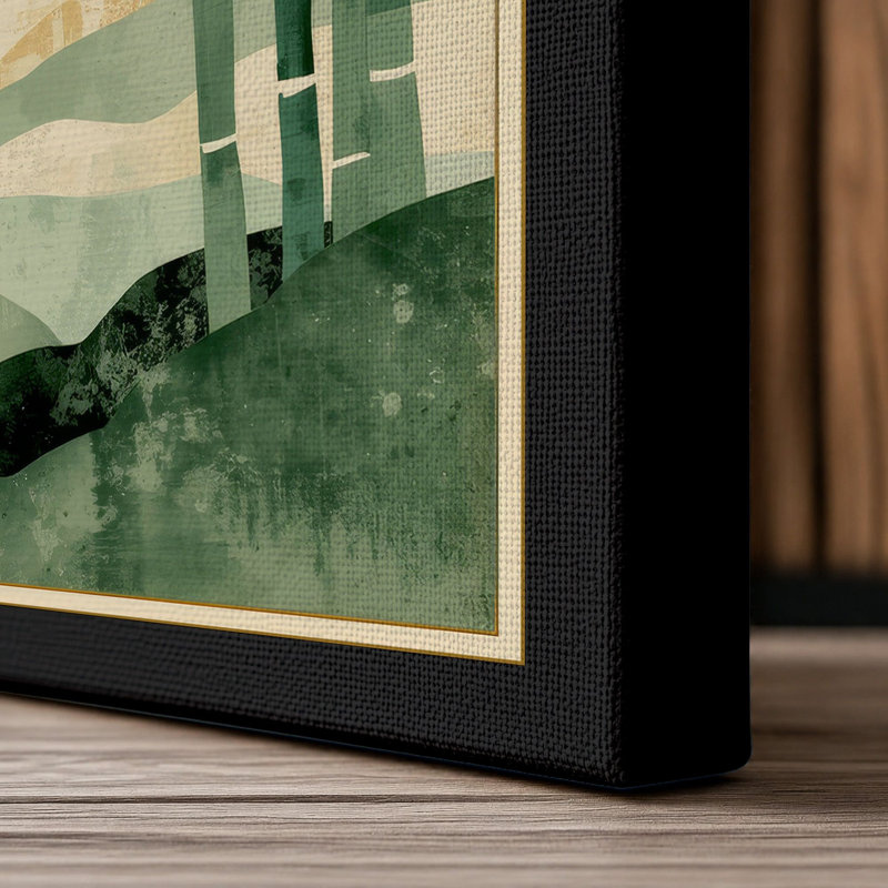 Bamboo and Distant Mountains Japandi - Wrapped Canvas, 36x24 - 91.4 x 61.0 cm, Black Border