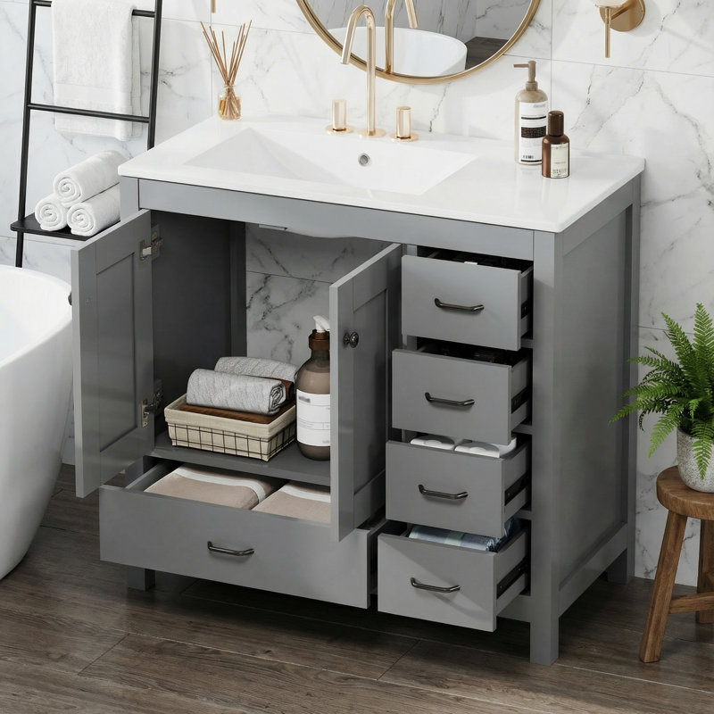 36 inch Bathroom Vanity with Sink, Featuring 2 Soft-Close Doors and 5 Drawers - EPA/UPC Certified, Grey