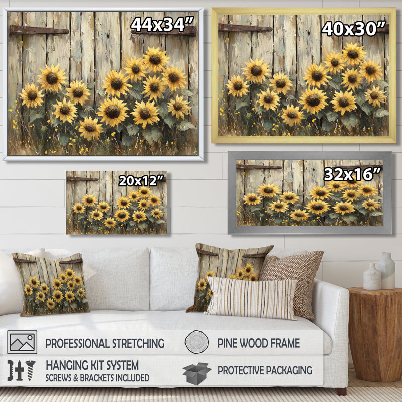 Donals Sunflowers By The Barn Door I - Art mural tournesols, H 30 po x l 40 po, Noir, noir, noir, noir
