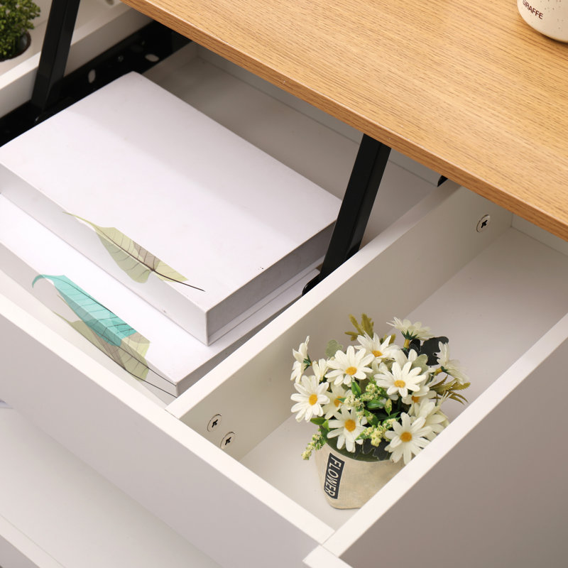 Modern Lift Top Up Coffee/Tea/Sofa Table With Blttom Storage Shelf Living Room Furniture, White