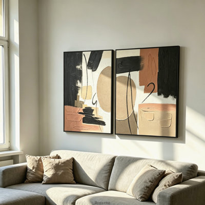 Set of 2 24"x36" Framed Abstract Canvas Wall Art, Neutral Black, Beige & Terracotta Textured Painting, Modern Wall Decor for Living Room & Bedroom, Ready to Hang