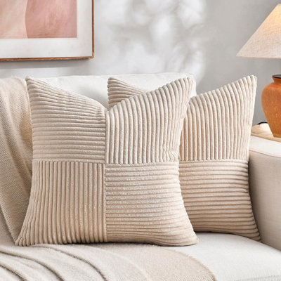 2 Packs Tan Decorative Throw Pillow Covers For Living Room Couch Bed Sofa, Farmhouse Boho Home Decor, Soft Corss Patchwork Corduroy Textured Square Cushion Case