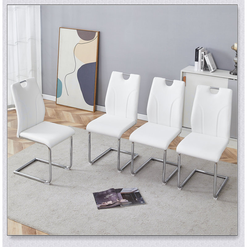 Ensemble de 4 chaises de salle à manger en polyuréthane blanc avec pieds en métal argenté confortables et élégants, Blanc