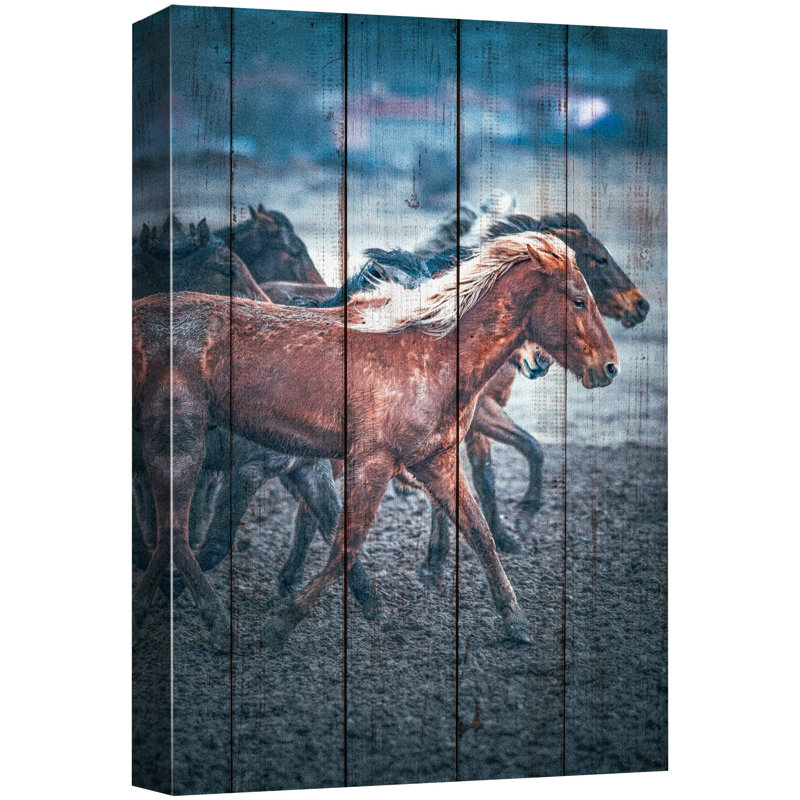 Courir, chevaux, rétro, effet de bois, panneau, chevaux au galop, décor numérique, ferme, faune rustique, Toile tendue