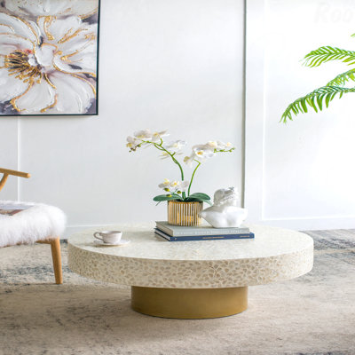 35X35x16" Unique Cream Capiz Coffee Table With Gold Pedestal Base