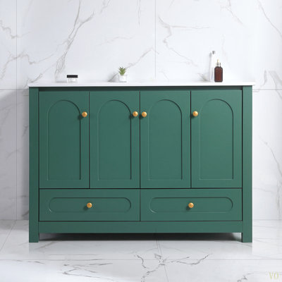 Meuble-lavabo de salle de bain avec lavabo en céramique, armoire de rangement abondante - 4 portes à fermeture en douceur et 2 tiroirs
