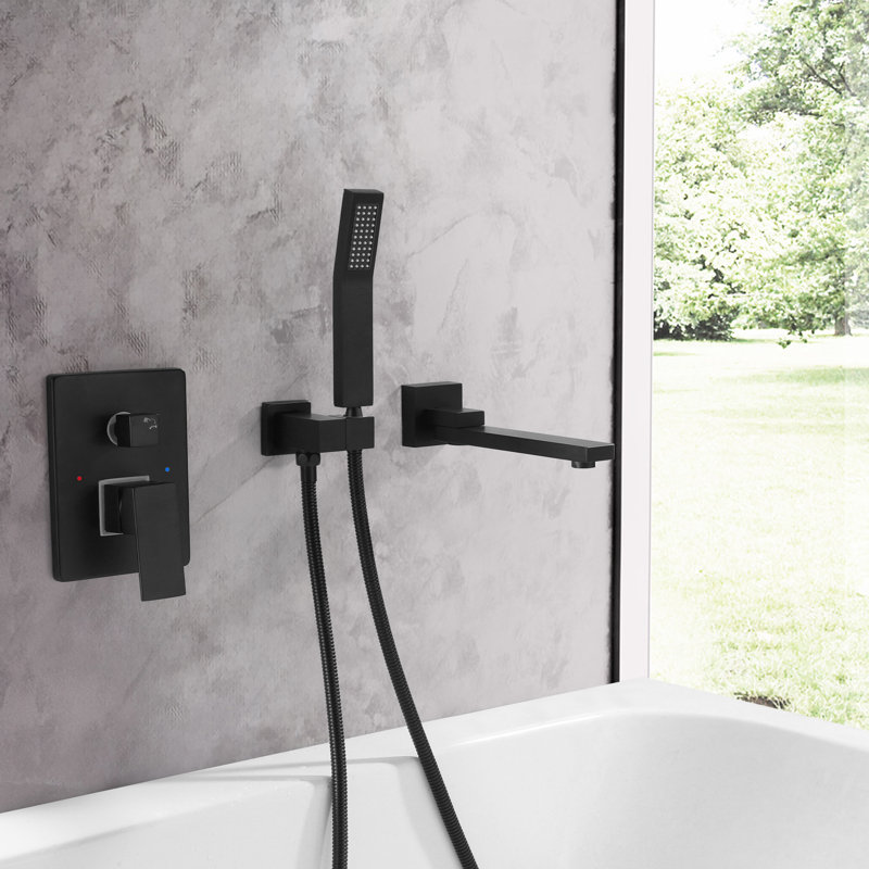 Robinet de baignoire mural - Robinet de baignoire à poignée simple - Robinet de douche avec valve brute en laiton, Noir mat