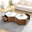Table basse hexagonale rustique rétro en bois avec 2 tiroirs cachés et plateau en marbre texturé chêne Walunt-1808642090