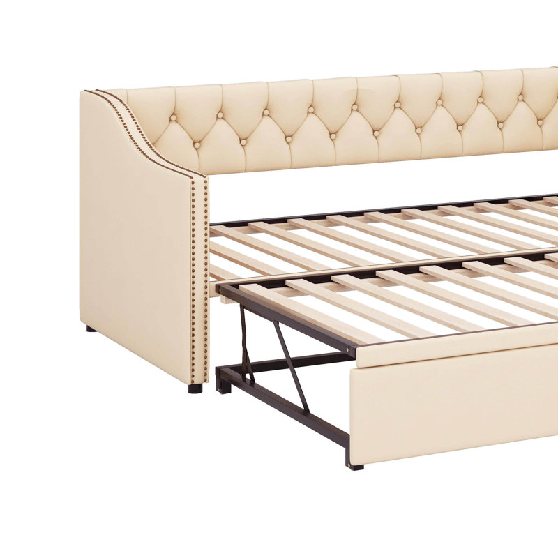 Twin Size Upholstered Daybed With Pop Up Trundle, Beige
