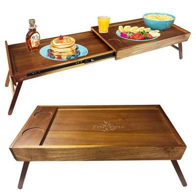 Double Bedside Breakfast Tray - Integrated Double Bedside Tray With Cup Holder - Sofa Dining Tray, Space-Saving Breakfast Table - Gift Set - Acacia Wood