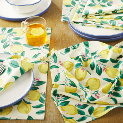 DRAPER JAMES Lemon Blossom Cloth Napkins 4-Pack Set, Yellow/Green, 19"x19"