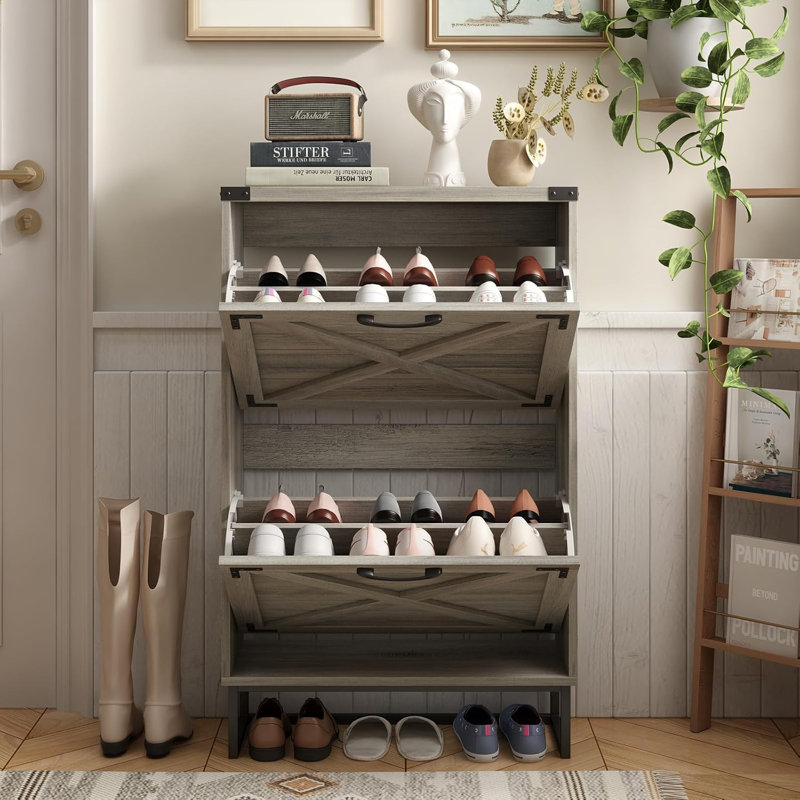Farmhouse Style Shoe Cabinet With Flip Drawers, Freestanding Entryway Storage Organizer, Narrow Shoe Rack With Metal Corner Decoration