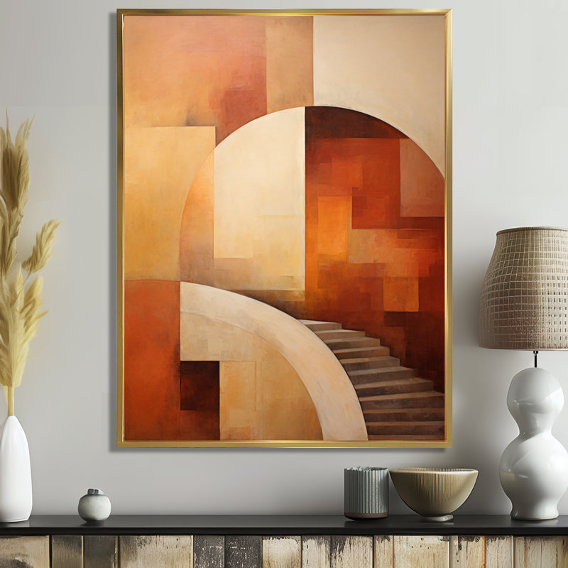 «Stairway To The Side» - Collages abstraits, art mural, H 32 po x l 24 po x P 1 po, Toile avec cadre flottant or