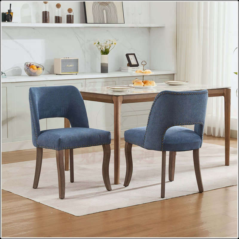 Ensemble de 2 chaises de salle à manger en bois, rembourrées en tissu moderne, de style campagnard avec dossier incurvé et clous en cuivre