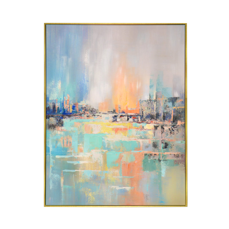 Mirage peint à la main bleu et multicolore paysage côtier, peinture à l'huile sur toile