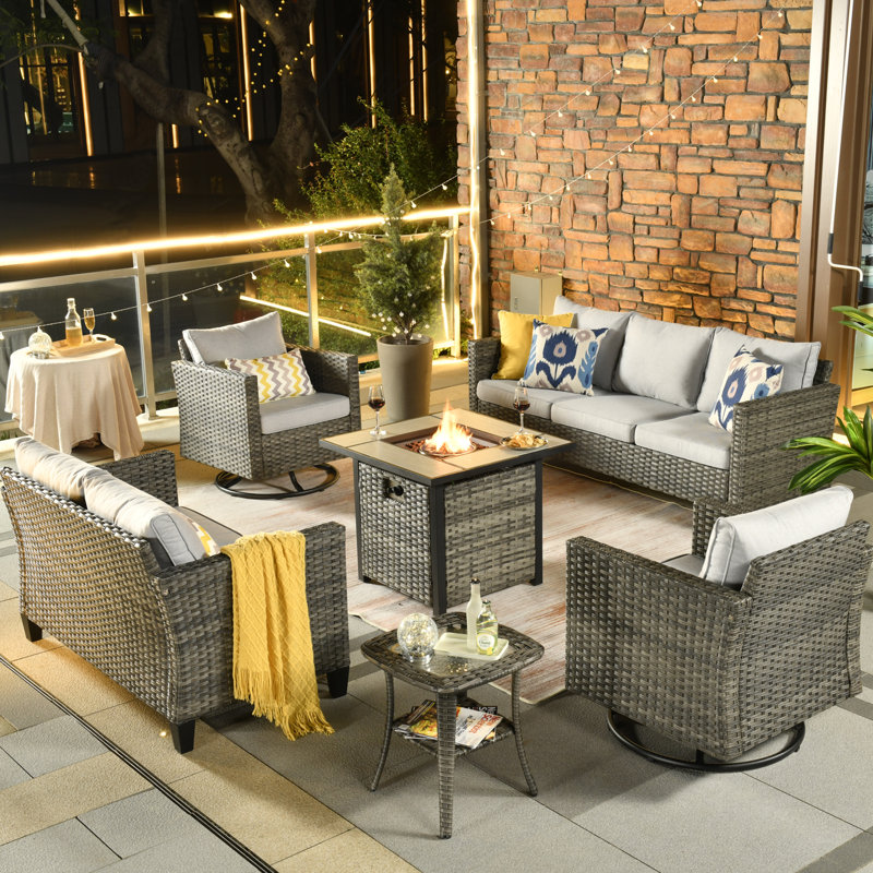 Lovall Rattan Wicker 7 - Person Seating Group with Fire Pit and Cushions, Gray