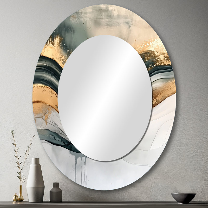 Silent Melody Of Golden Hard Edge Ink II - Gold Modern Oval Wall Mirror, 43" x 33"