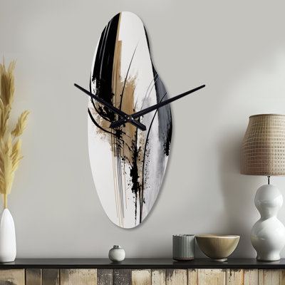 Black, White And Gold Expression II - Abstract Curved Metal Wall Clock, Modern Asymmetrical Wall Clock Print
