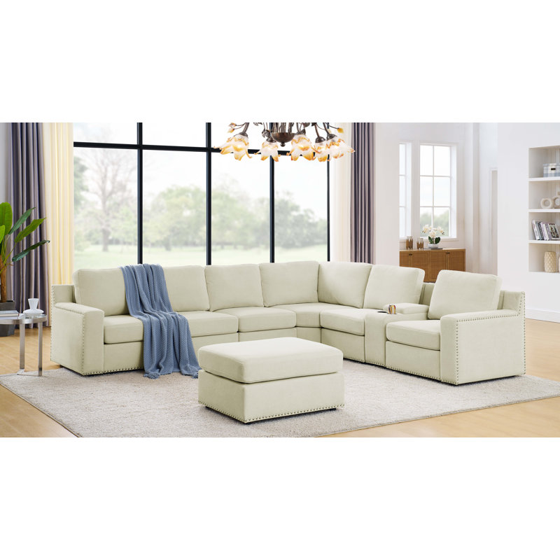 Akshada Upholstered U-Shaped Sectional Reversible, Beige Polyester Blend
