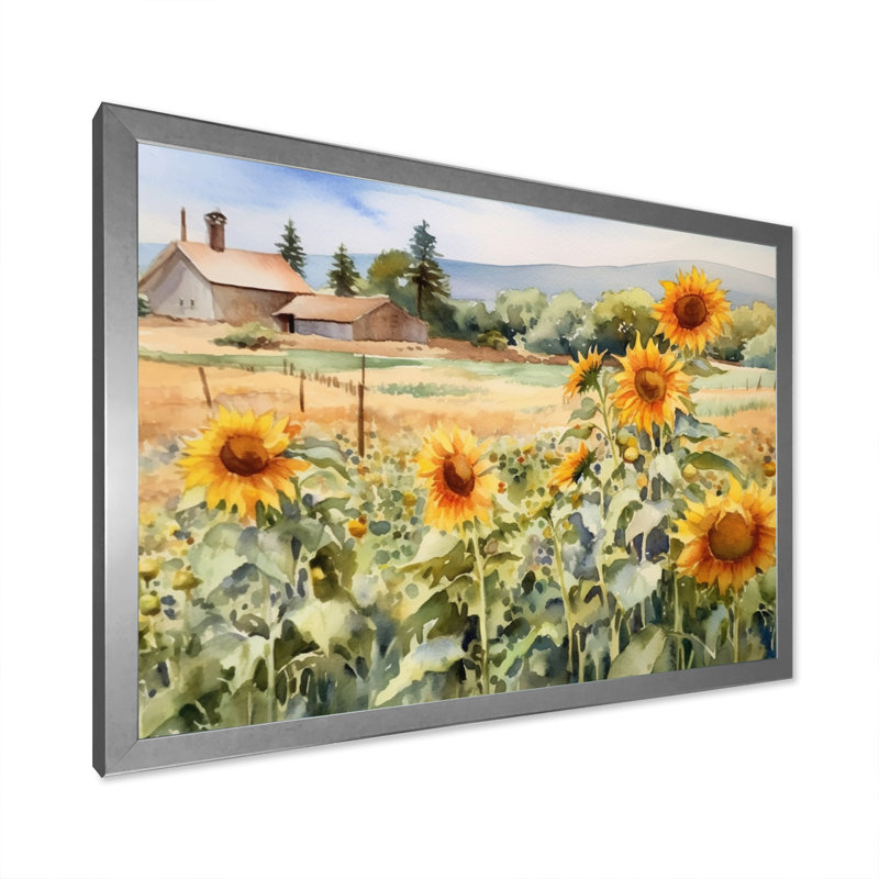 Tournesol doré à la ferme IV - reproduction sur toile, H 30 po x l 40 po x P 1,5 po, Cadre photo argenté