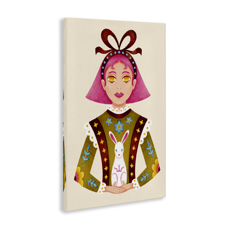 Toile de fille et lapin aux cheveux roses, design par Hannah Moren, H 24 po x l 16 po