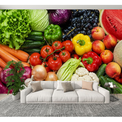 Peel and Stick Wallpaper Fresh Colorful Vegetables Fruits Display Lettuce Tomatoes Peppers Wall Murals 100"H x 144"W Removable PVC Wall Paper Self-Adhesive Wall Decor for Bedroom Living Room Home Office