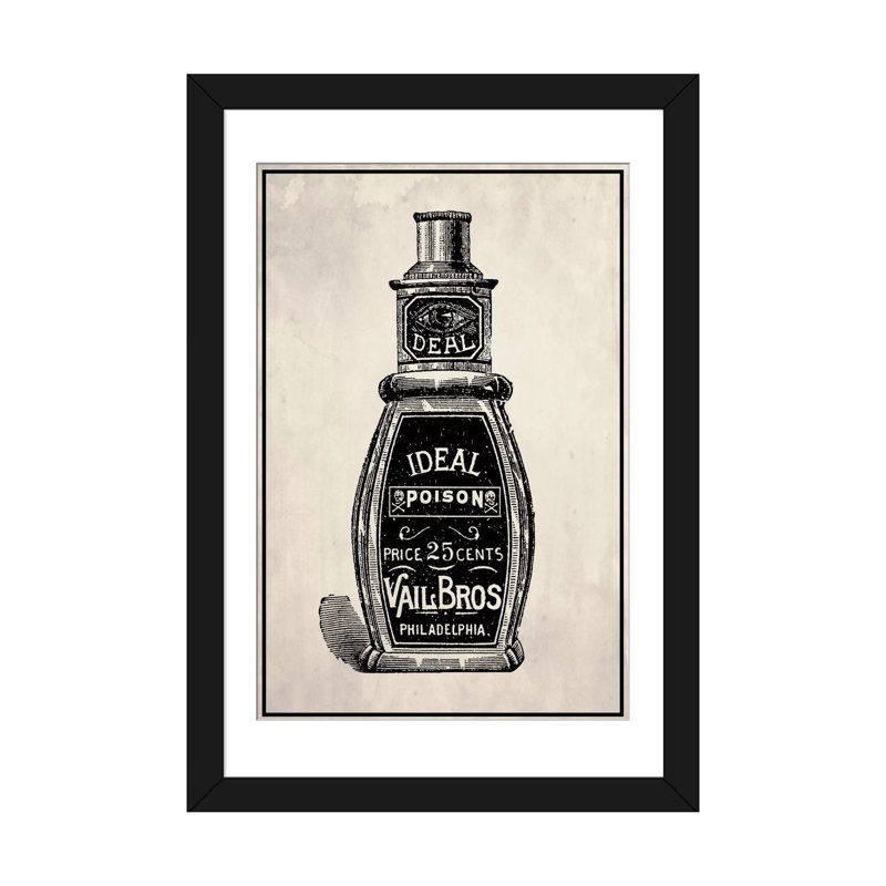 « poison », publicité rétro sur toile tendue, H 24 po x l 16 po x P 1 po, Papier d'art encadré noir, Blanc