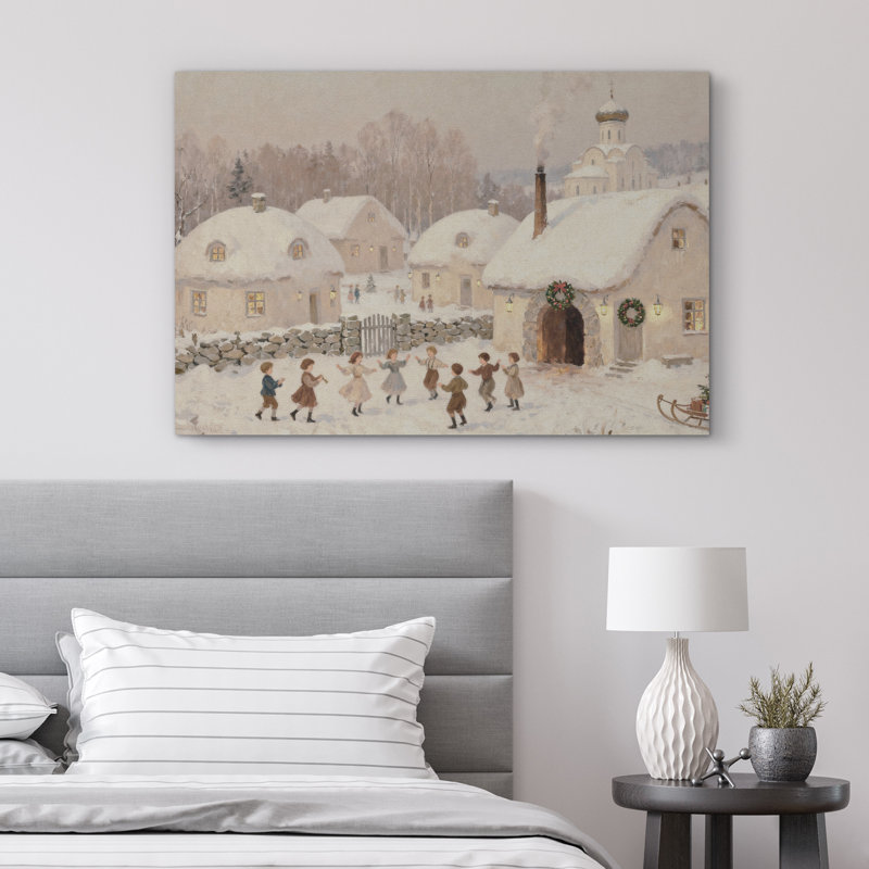 «Whimsical Snowy Village with Children Dancing Christmas Scene», reproduction d'art sur toile, impression sur toile