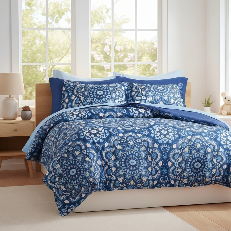 Queen-Size Navy Blue Comforter Set, 9 Pieces Including Comforter, Sheets And Fitted Sheet With Side Pockets., Blue