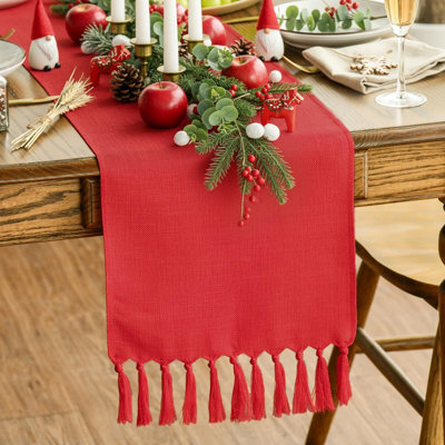 Red Boho Rural Rustic Farmhouse Tassel Table Runner, 33x243 cm Spring Kitchen Dining Table Decoration Wedding Holiday Party Decor