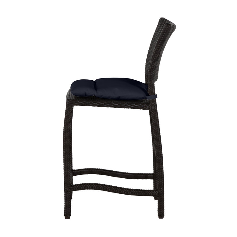 Skye 30" Patio Bar Stool with Cushion, No Welt, Linen Navy, Black Walnut