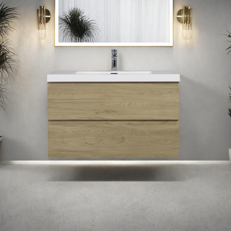 Meuble-lavabo mural 36 po avec lavabo et lavabo en résine, Chêne