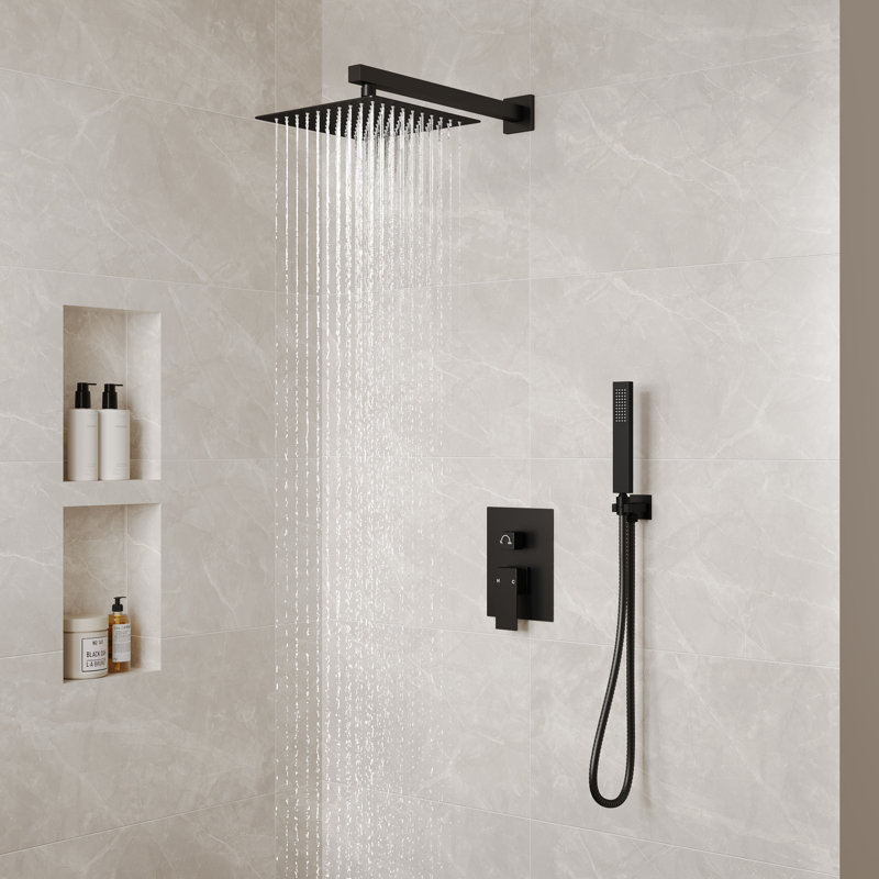  Système de douche à pluie haute pression 10 po, robinet de douche mural avec douchette, Noir mat