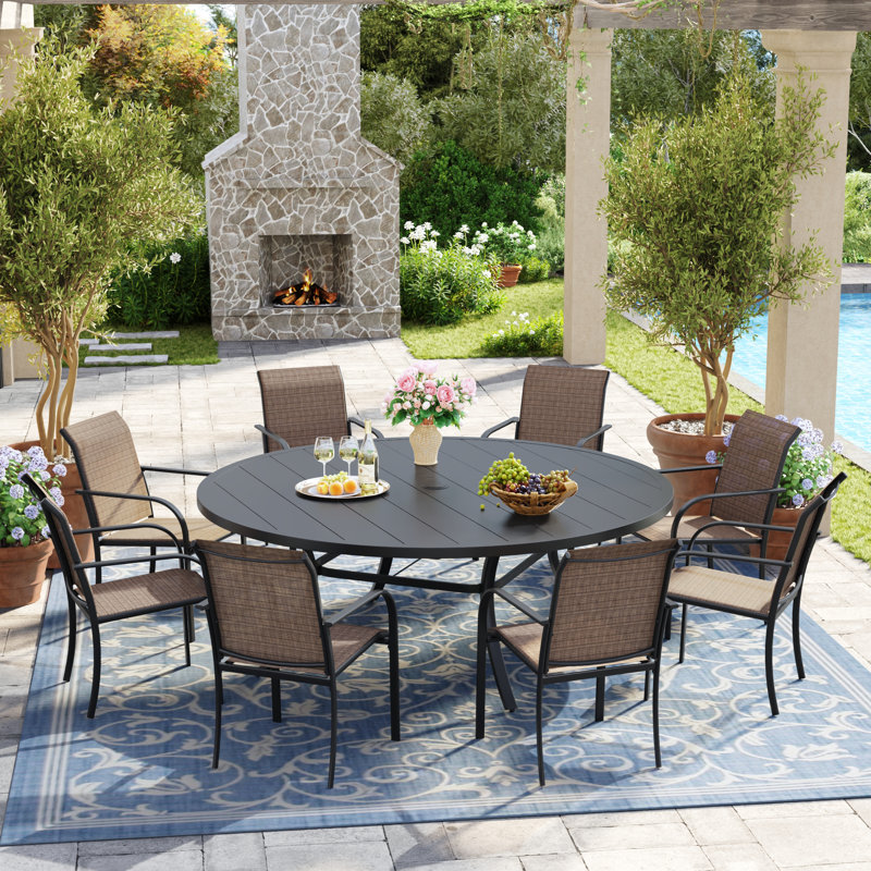 8-Person Round Patio Dining Set with 60" Dining Table and 8 Stackable PVC-coated polyester Chairs, Black/Brown