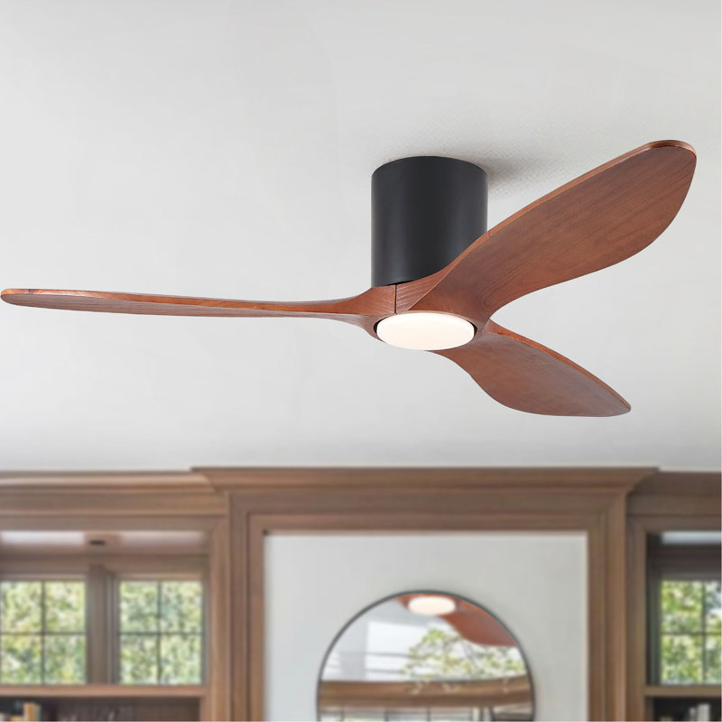 52" Mordern Farmhouse Retro Solid Wood Low Profile Flush Mount Ceiling Fan with Light and Reversible Quiet Motor