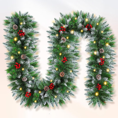 Christmas garland,christmas garland with lights Decorated Snow Tipped Artificial Green Xmas Garland with Pinecones and Red Berries for Home Stairs Fireplace Front, Christmas Decorations 9 Ft