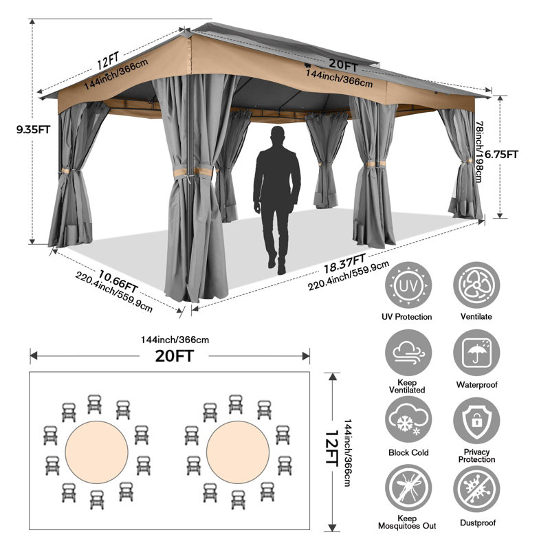 Pavillon de jardin 12 x 20 avec rideaux améliorés, Gris
