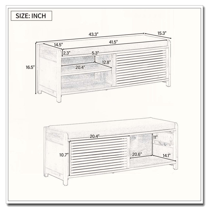 Distressed Shutter Storage Bench with Cushion and Sliding Door, White Washed
