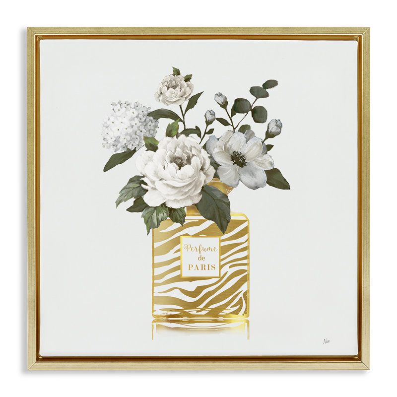 Cadre flottant chic avec bouquet de parfums, design par Nan, H 18 po x l 18 po, Cadre flottant métallique doré