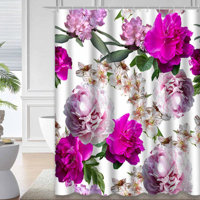 Rideau de douche rose à motif floral rose avec 12 crochets