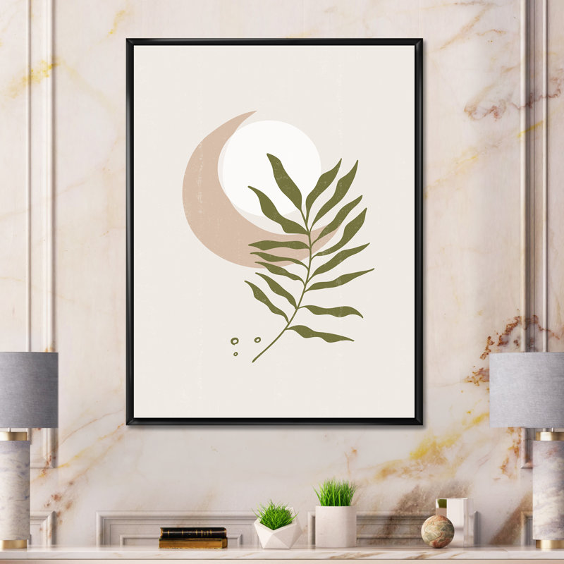 Lune géométrique abstraite avec feuille II - impression sur toile, Toile avec cadre noir, H 32 po x l 16 po x P 1 po