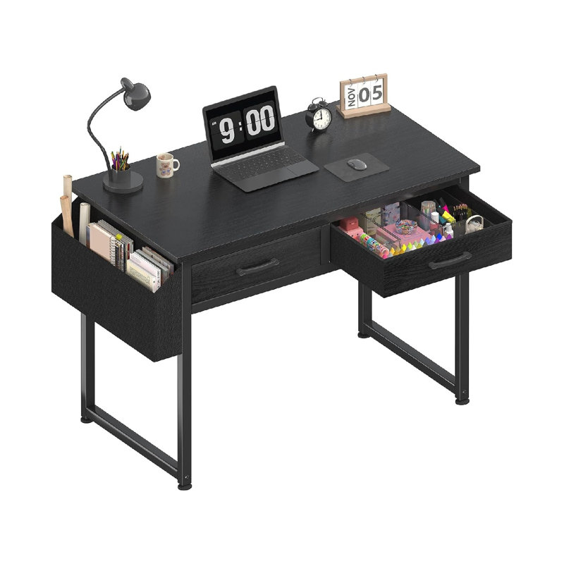 Small Desk With Fabric Drawers For Bedroom, 32 Inch Gaming Desk With 2 Drawers For Small Space, Study Writing Table PC Desks, Black