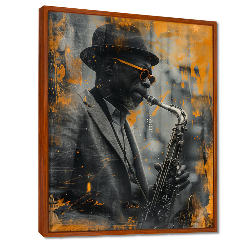 Gris, jaune, musique, Harlem, blues, saxophone II - musicien, art mural, salon, Cadre flottant brun, bois massif
