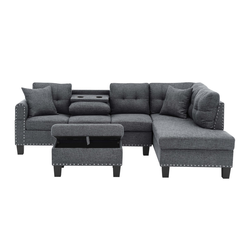 Canapé modulaire en forme de L gris avec rangement, prise de courant et porte-gobelets rabattables pour un décor moderne avec plateau relevable intégré, confort à la maison